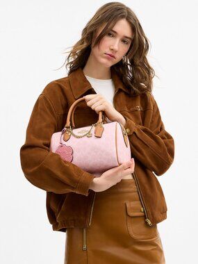 Coach Powder Pink Rowan Satchel Bag Medium In Signature Canvas With Charms NWT